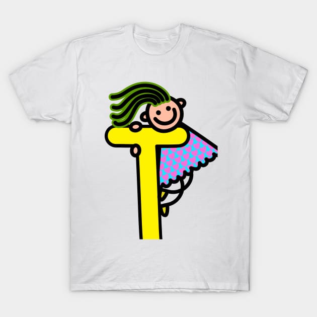 Letter T for girls alphabet Kids Colorful Cartoon Character T-Shirt by funwithletters